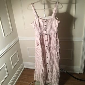 Linen cream and violet dress with wooden buttons